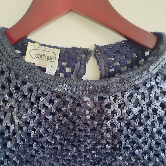 Vintage Partique New York Navy Sequin Openwork Lattice Knit Sweater Medium USA - Picture 4 of 9